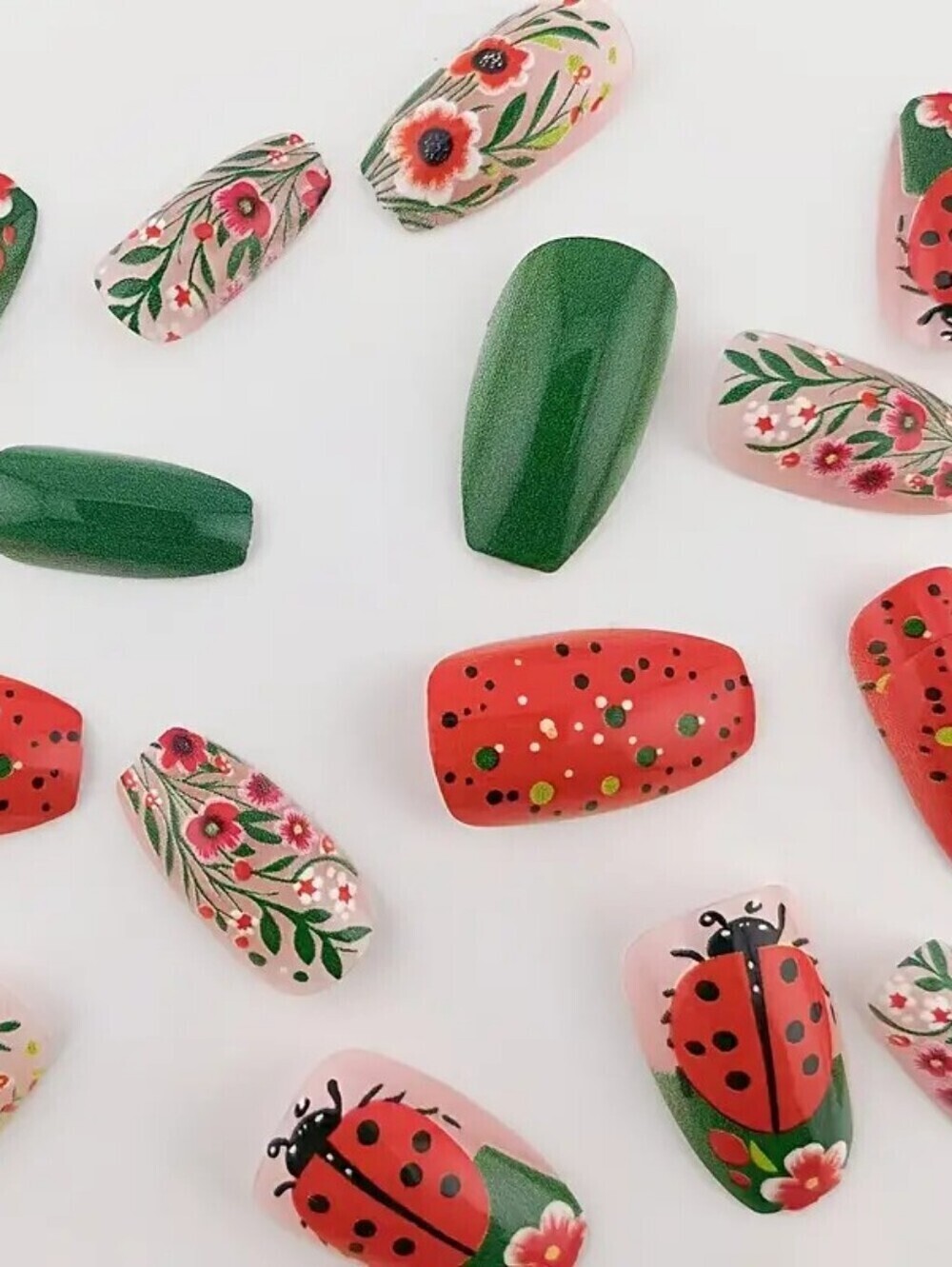 Ladybug medium square press on nails floral